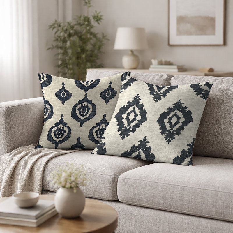 Ikat noir et beige - coussin décoratif imprimé Ikat 2 pièces, H 16 po x l 16 po