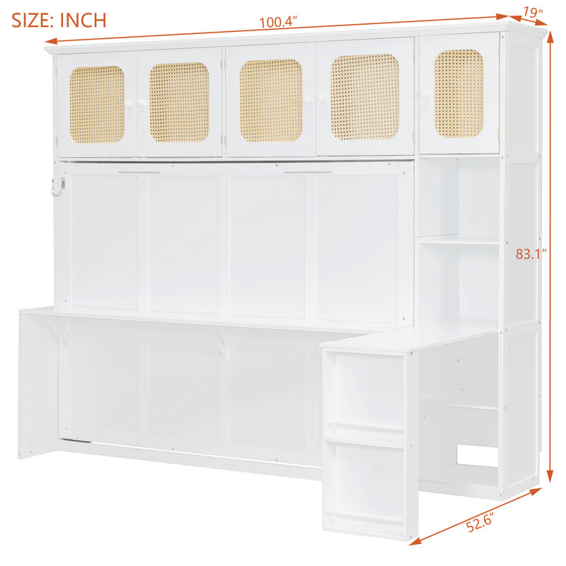 Lit double escamotable avec bureau et armoires en rotin, armoire murale peu encombrante pour bureau à domicile, blanc chaud