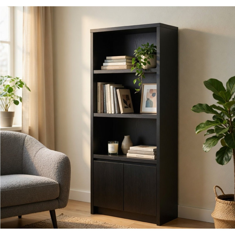Tour média Winie avec tablettes ouvertes et armoire, bois noir 71 po
