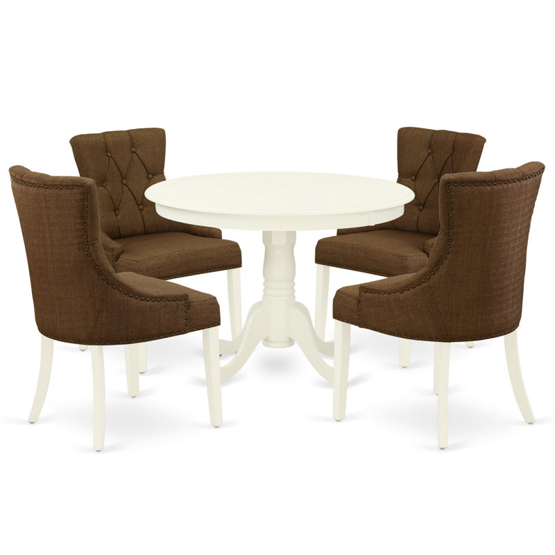Janalee  Solid Wood Rubberwood Dining Set, Linen White, 5 Pieces: Table, 4 Chairs, Brown