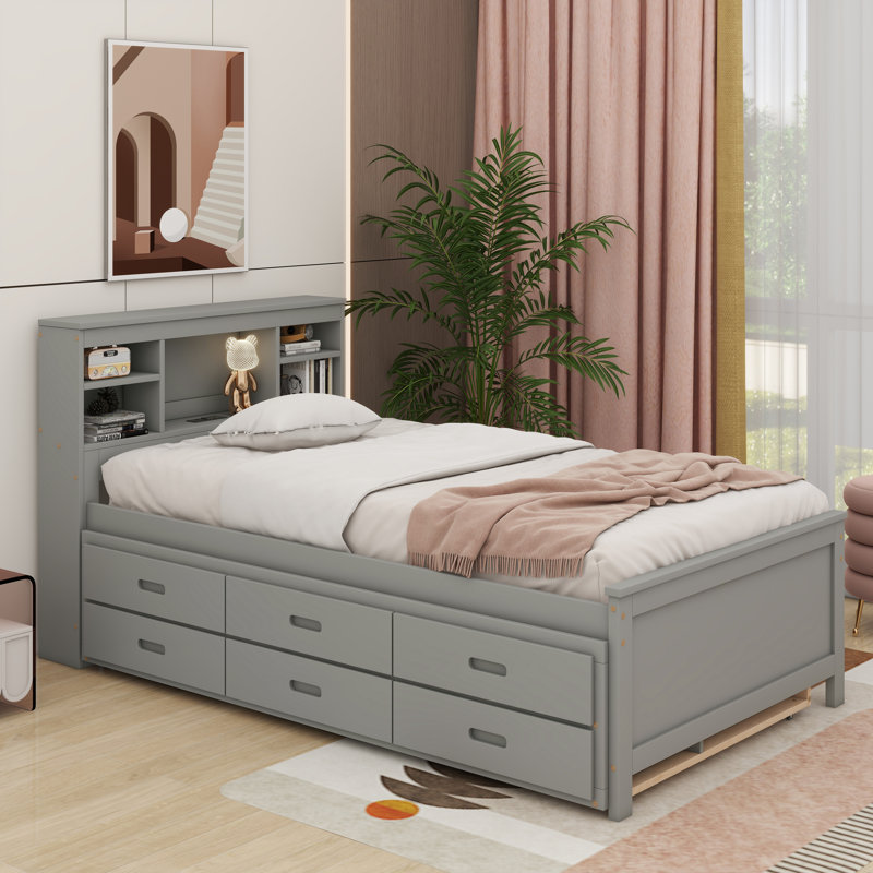 Lit plateforme simple avec tête de lit Mingus, USB, gris