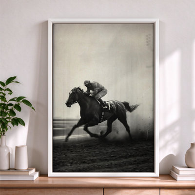 Cheval de course et jockey en sépia, tableau sur toile encadré, cadre blanc, 50 x 75 cm