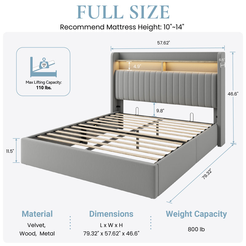 Hydraulic Lift Up Storage Upholstered Platform Wingback LED Bed With 2-Tier Shelves And Charging Station, Full, Gray
