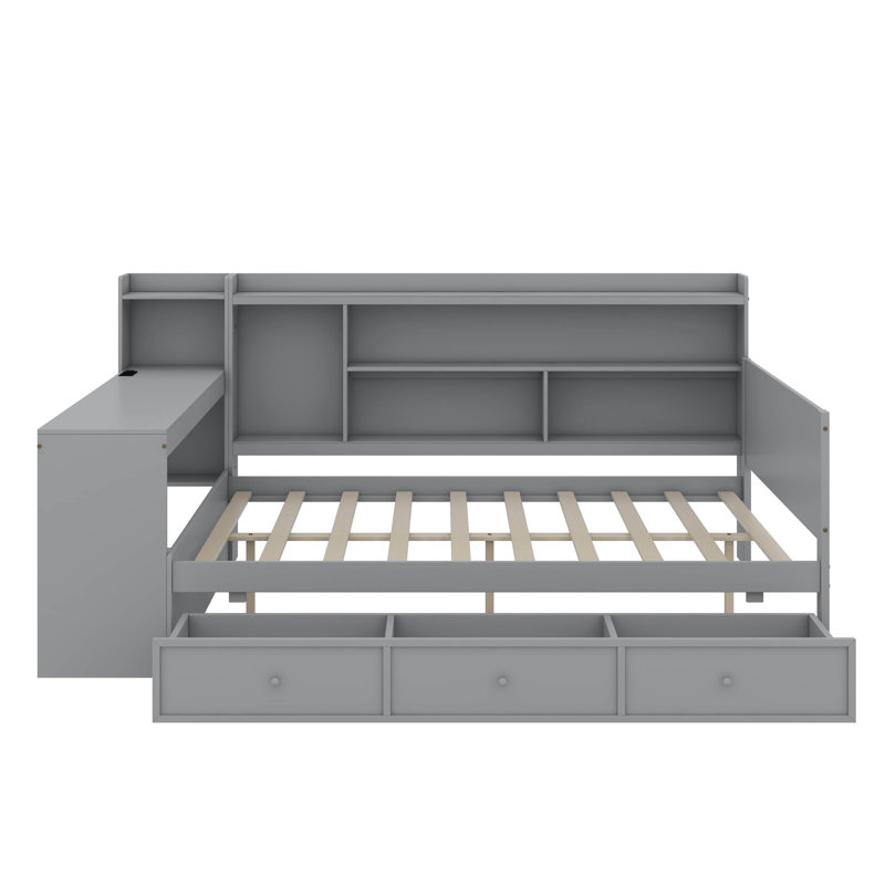 Lit de jour en bois avec 3 tiroirs, ports USB et bureau, Lit double, Gris