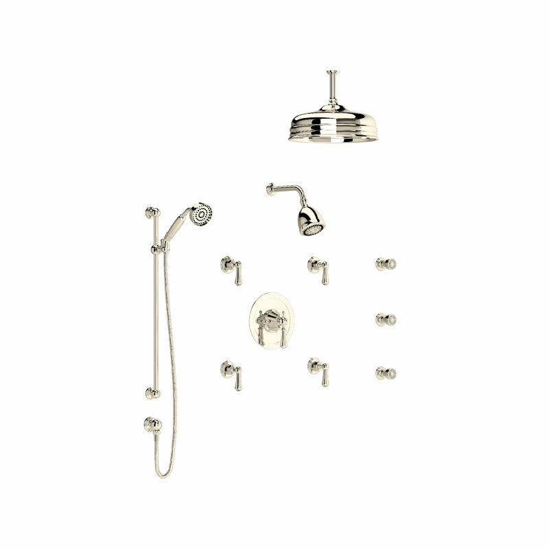 Georgian Era Multi-Function System Featuring Rain and Multi-Function Showerheads, Multi-Function Handshower, Body Sprays, and Independent Volume Controls Pressure-Balanced Ceiling Mounted with Rough-in Valve