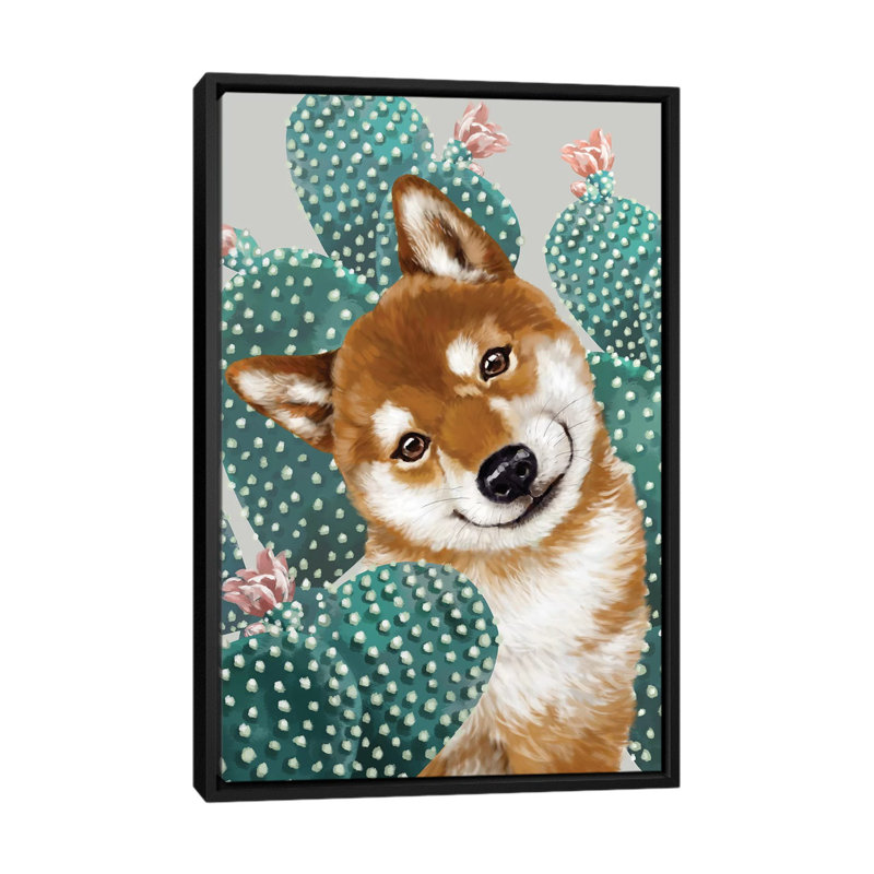 Shiba shiba avec cactus, H 40 po x l 26 po x P 1,5 po, Toile avec cadre noir
