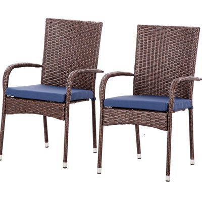 Stackable Pe Rattan Outdoor Dining Chairs With Cushions, Set Of 4 Patio Wicker Dining Chairs