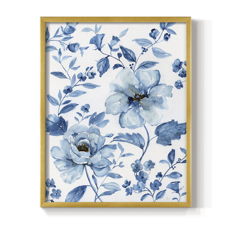 Imprimé encadré bleu chinois - bois massif, 11" H x 9" W, Doré