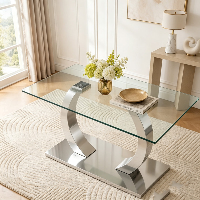 63-Inch Rectangular Tempered Glass Dining Table, Silver+Transparent