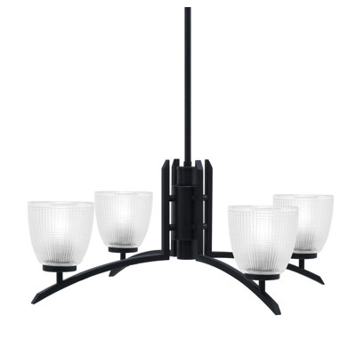 Lustre 4 lumières Kurve illustré en finition noir mat avec verre côtelé transparent de 5 po