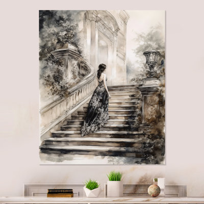 Élégante femme marchant dans un escalier IV - Impression sans cadre sur métal
