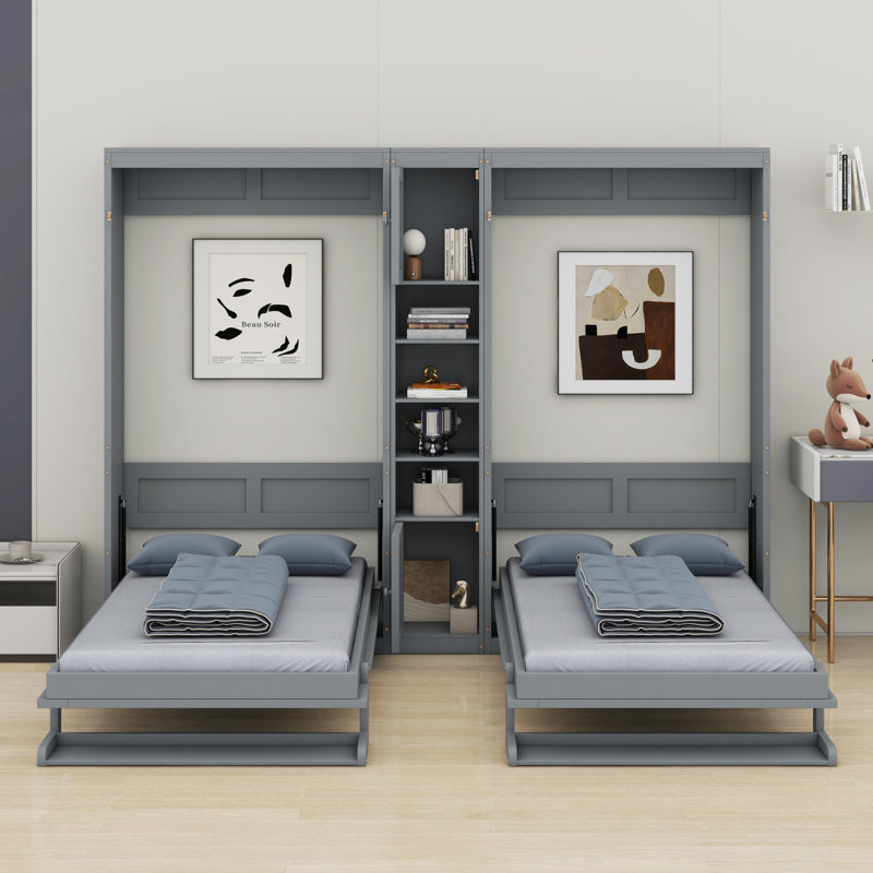 Lits escamotables à double paroi avec armoires et tablettes, Gris