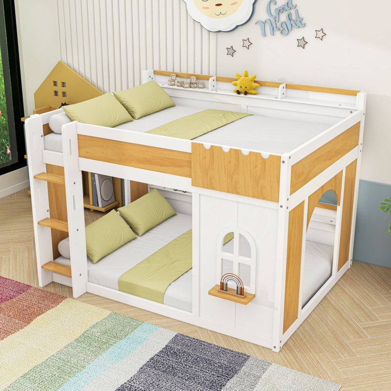 Lit superposé en bois multifonctionnel avec tablettes, Lit superposé double sur double