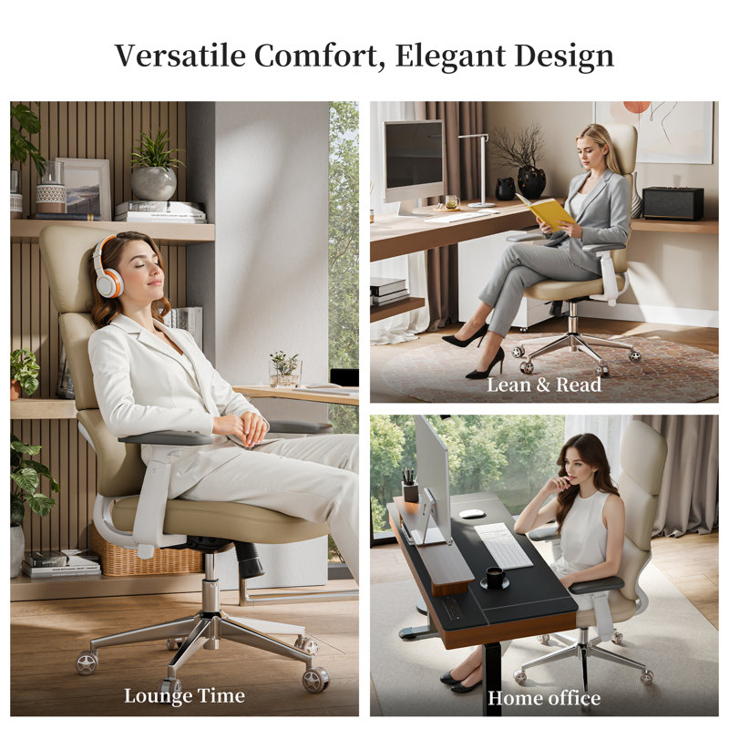  Modern High Back Office Pu Leather Executive Desk Chair,White, Beige/White