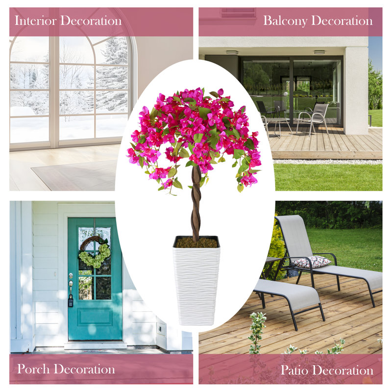 Artificial 4FT Flower Plant Tree with Planter, Rose Red