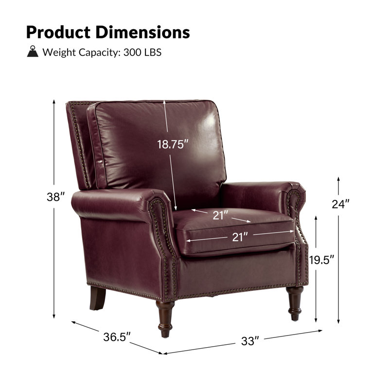 Wajeeh 33"W Mid-Century Modern Buttery Genuine Leather Accent Chair With Solid Wood Legs, Burgundy Genuine Leather
