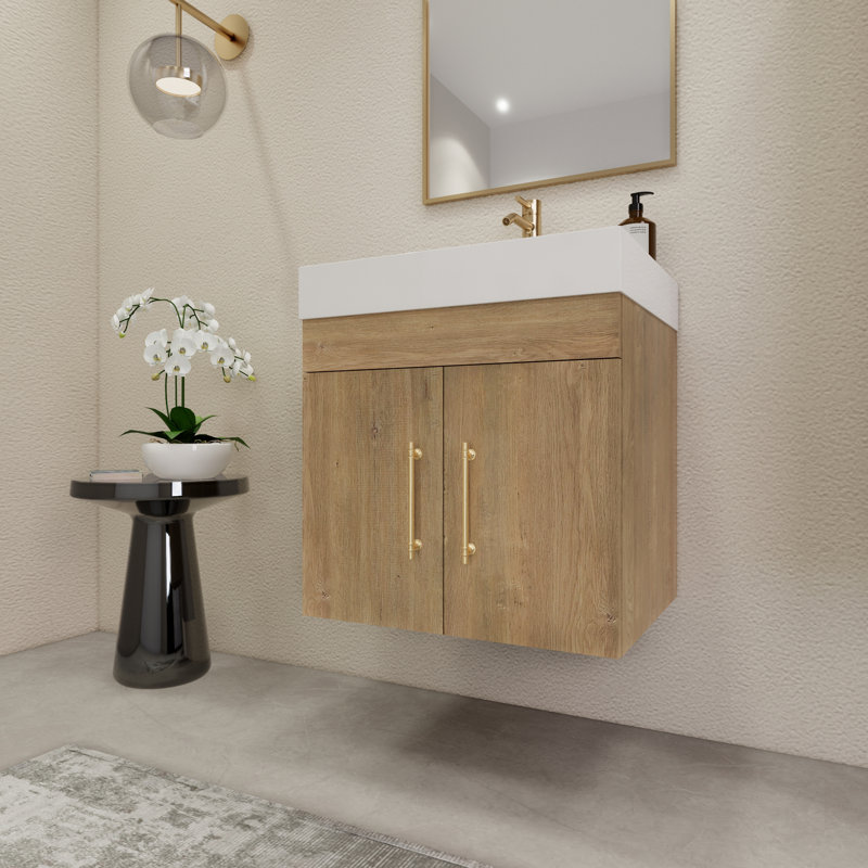 23.6" Wall-Mounted Single Bathroom Vanity Set, Oak