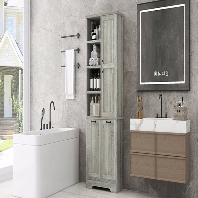 Armoire de rangement de salle de bain avec portes et tiroirs, panier à linge inclinable, plusieurs espaces de rangement, style autoportant, tablettes ouvertes, tablettes réglables
