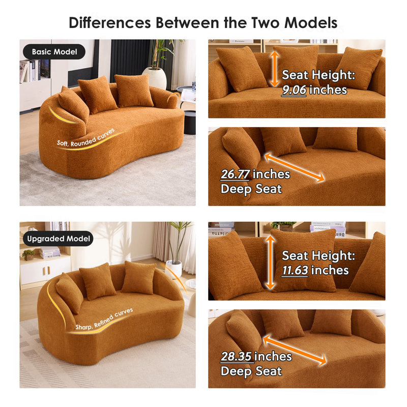 Canapé 2 places moderne incurvé sans dossier, dossier amélioré, canapé compressif orange en chenille avec 3 coussins, canapés modulaires minimalistes pour salon, bureau, appartement, chambre d'amis