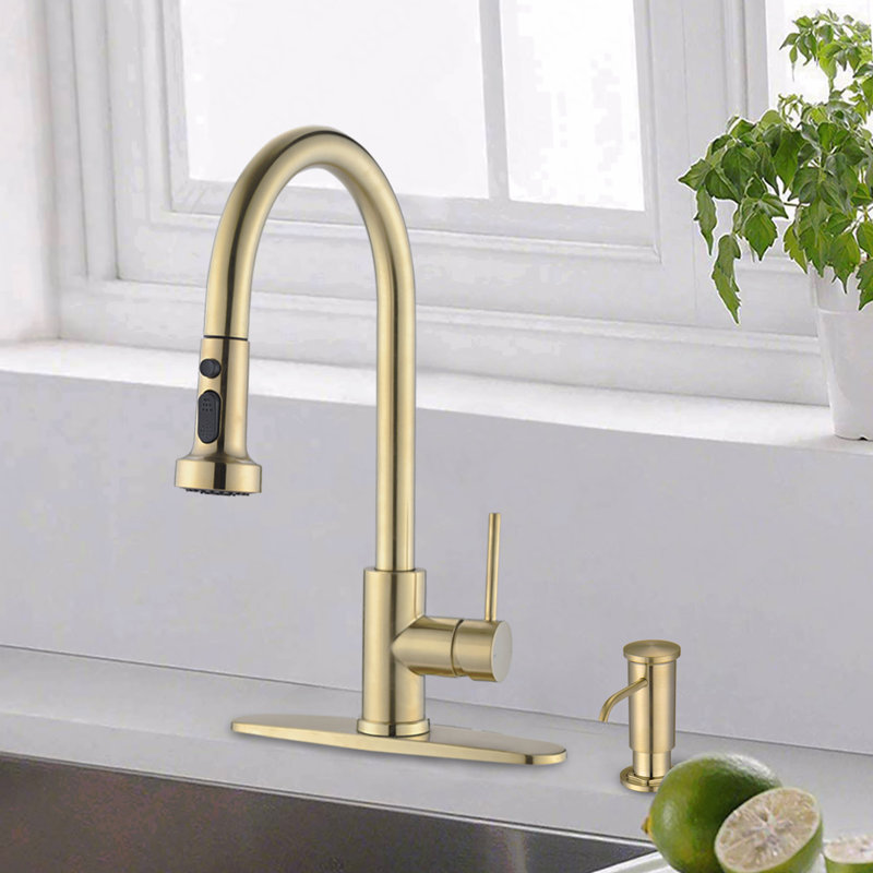 Robinet de cuisine rétractable en acier inoxydable avec distributeur de savon, Or brossé