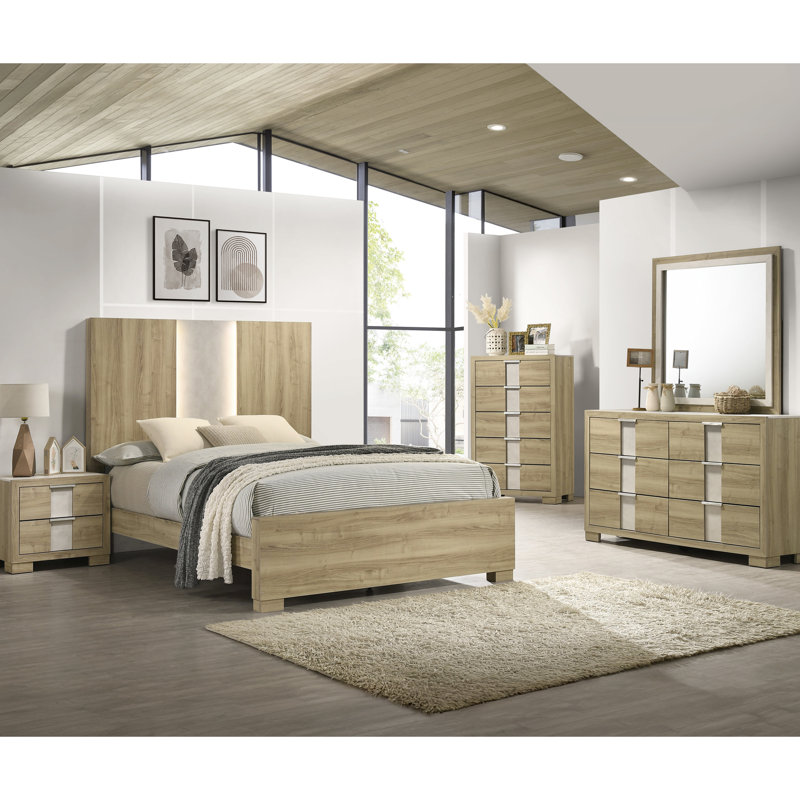 Très grand lit contemporain avec finition en bois flotté naturel et éclairage intégré pour la finition de la chambre à coucher, conception subtile encastrée