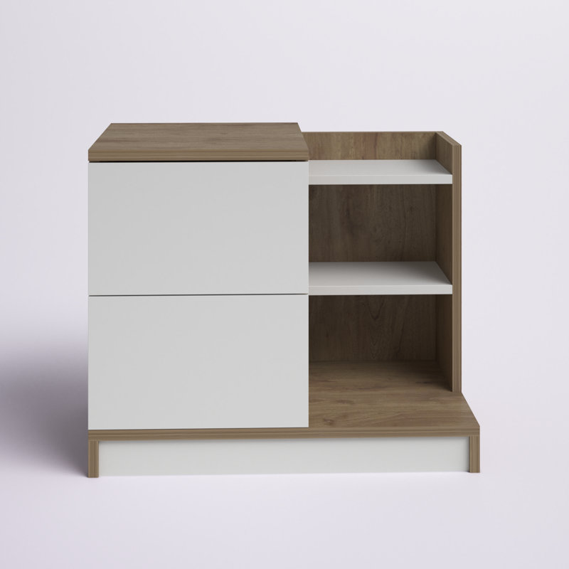 Table de chevet 2 tiroirs avec rangement Charlett, Blanc / Noyer