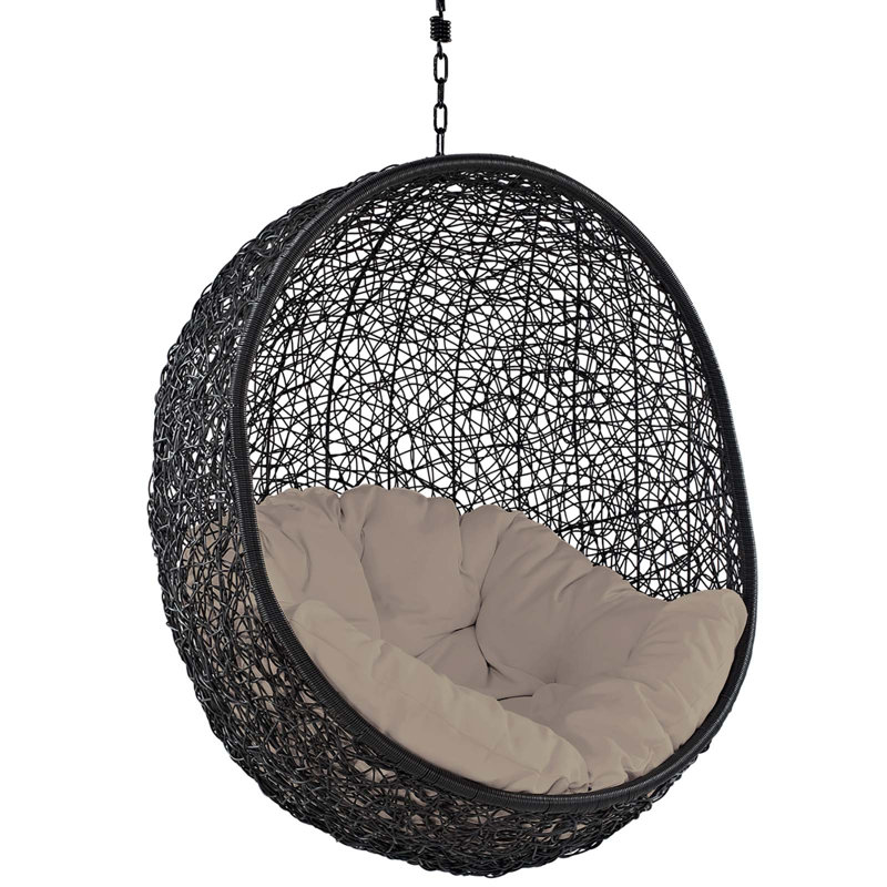 Espresso Metal and Beige Rattan Outdoor Hanging Swing Chair