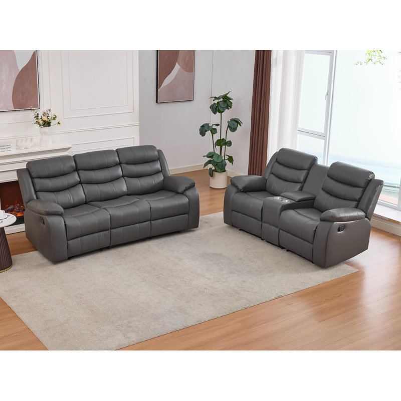 Lacreta Humes Air Leather Recliners Living Room Set 3 Seats Sofa And Loveseat With Console, Gray