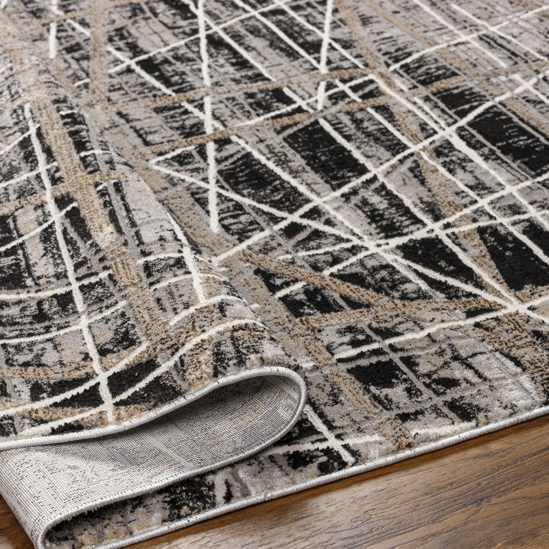 Rectangle Machine Woven Polyester Area Rug in Black, Rectangle 5'3" x 7'