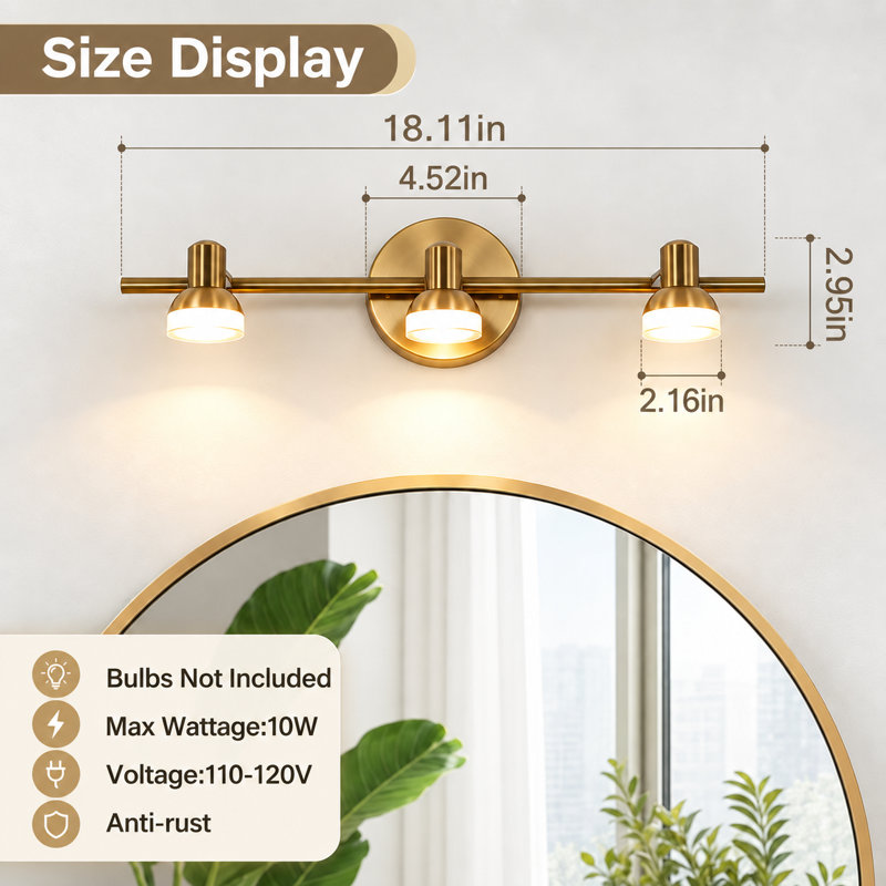 Applique murale dorée à 3 lumières (46 cm), style moderne, antirouille, avec éclairage réversible (haut/bas) pour salle de bain, chambre ou salon. Ampoules non incluses.