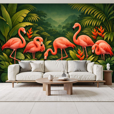 Peel and Stick Wallpaper Pink Flamingos Tropical Jungle Exotic Leaves Dark Botanical Wall Murals 69"H x 96"W Removable PVC Wall Paper Self-Adhesive Wall Decor for Bedroom Living Room Home Office