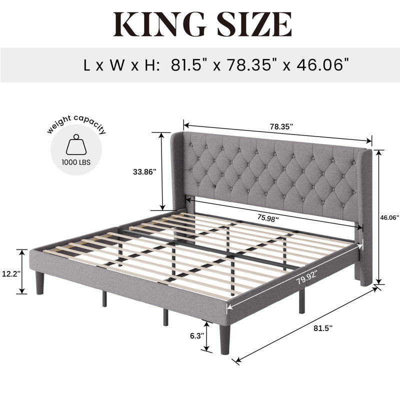 Walace Upholstered Wingback Bed, King, Light Gray