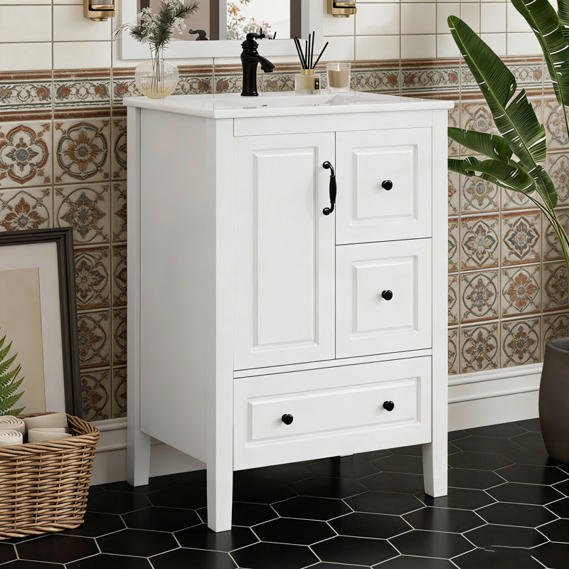 Meuble-lavabo de salle de bain avec lavabo, porte à fermeture en douceur et 3 tiroirs à fermeture en douceur, Blanc