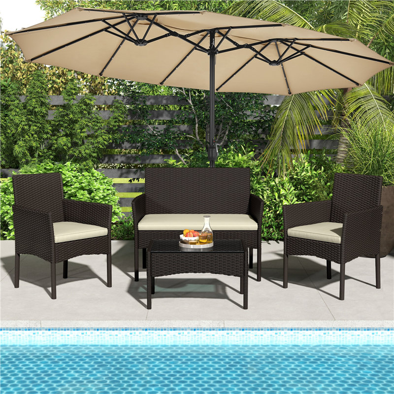 4 PCS Outdoor Reception Set Patio Rattan Sofa and Table Suite Outdoor Table with Tempered-Glass Tabletop, Brown, Beige