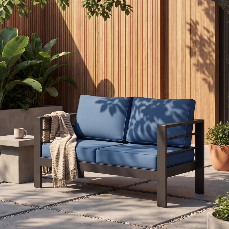 Canapé d'extérieur pour 2 personnes avec coussins, Structure gris-noir / coussin bleu