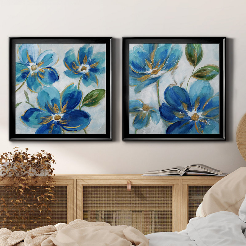 «Flowering Blues I», peinture sur toile 2 pièces, Cadre noir, H 26,5 po x l 53 po x P 1,5 po