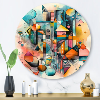 Blue And Orange Geometry Balance II - Abstract Geometric Round Wall Art on Metal