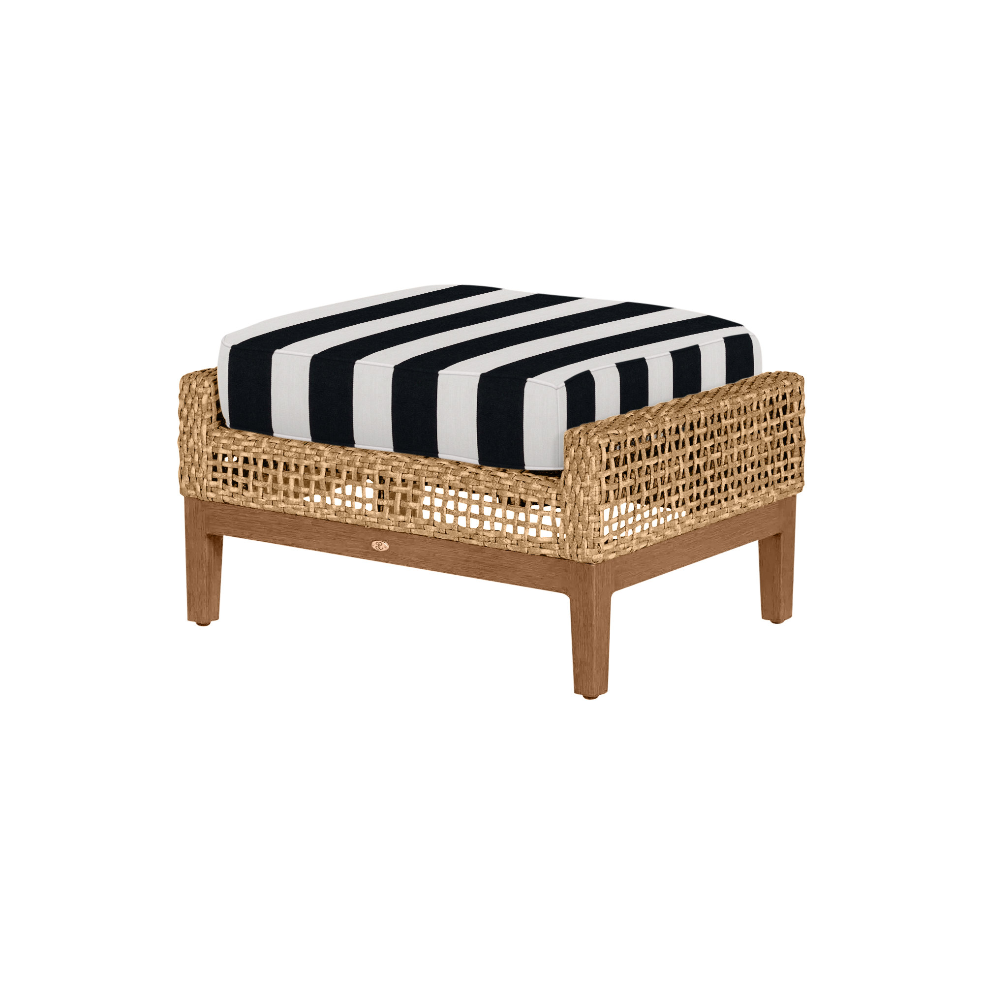 Peninsula Wicker Outdoor Woven Ottoman, Peninsula #37 Light Raffia/Natural, Cabana Midnight Stripe Sunbrella®