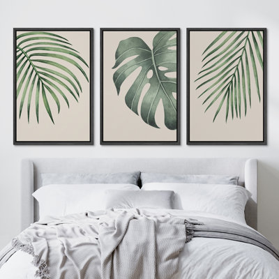 «Minimal Botanical Green Tropical Island Monstera Palm Tree Leaves», reproduction d'art sur toile 3 pièces