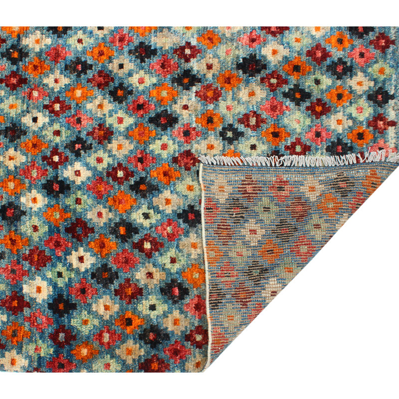 Tapis unique en laine noué à la main des années 2010 de 4 pi 9 po x 6 pi 5 po rouge / orange / bleu Devona