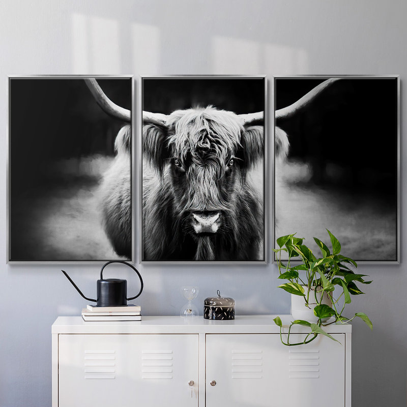 Photographie Étude de bovins Highland 3 pièces, H 24 po x l 48 po x P 2 po, Encadrement argenté