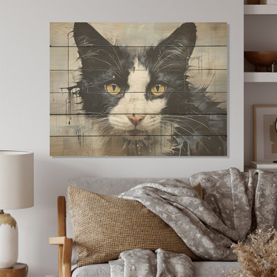 Portrait de chat noir et blanc minimalisme - Art mural en bois sur bois de pin naturel