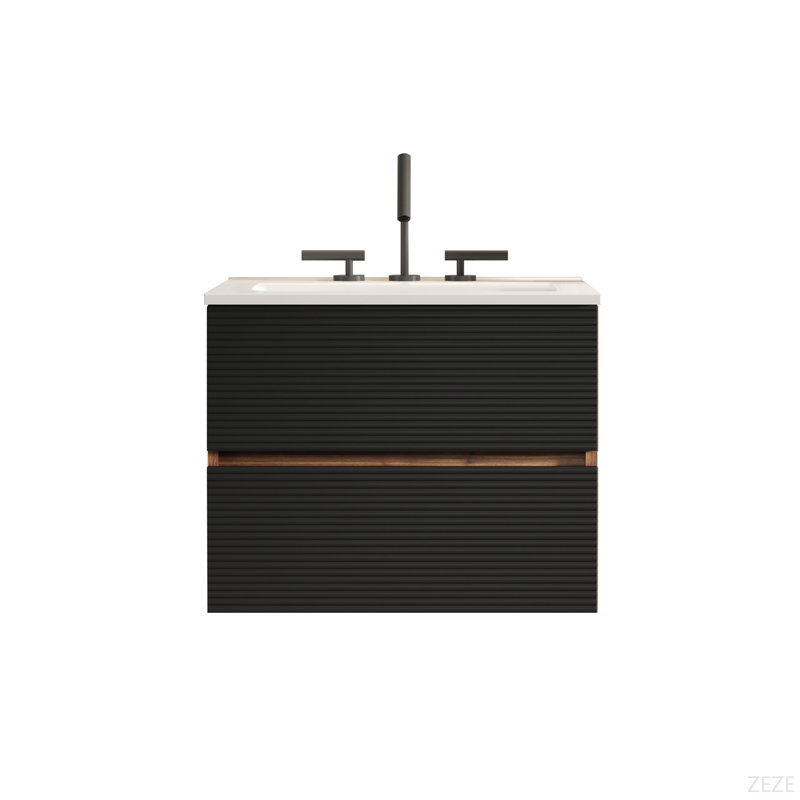 Meuble-lavabo mural noir et noyer Gloria 24 po avec lavabo intégré en céramique avec trop-plein, avec 3 trous