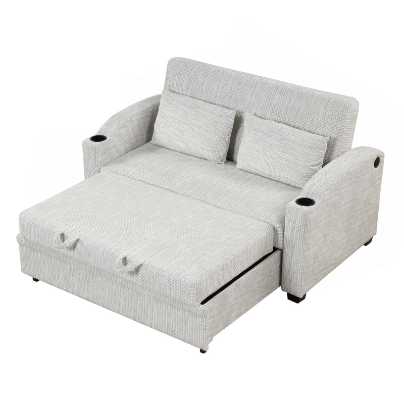 Canapé-lit convertible en chenille de 61,6 po avec dossier ajustable, 2 coussins, porte-gobelets, ports USB pour le salon et un appartement