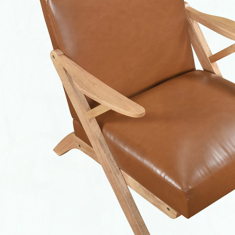 Fauteuil d'appoint en bois d'hévéa massif, similicuir et mousse enveloppée de dacron, Brun, Naturel