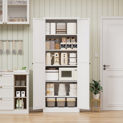 Metal Kitchen Pantry Cabinet - 72" Tall Glass Door Storage with 5 Adjustable Shelves, White Freestanding Cabinet for Kitchen/Pantry/Bathroom/laundry r by Ebern Designs