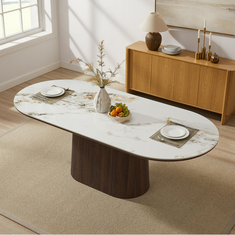 Oppelo 86.61" Oval Marble Look Sintered Stone Pedestal Dining Table, 29.92"H x 86.61"L x 39.37"W
