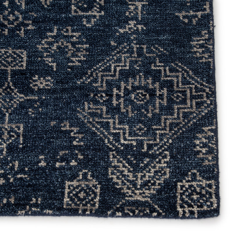 Azuma Hand Knotted Wool Geometric Area Rug in Dark Blue/Light Gray, Rectangle 9' x 12'