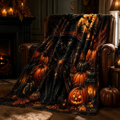 Halloween Black Cat Witch Cozy Throw Blanket, Spooky Autumn Pumpkin Pattern Fleece Blanket for Sofa Couch Bed Living Room Home Decor