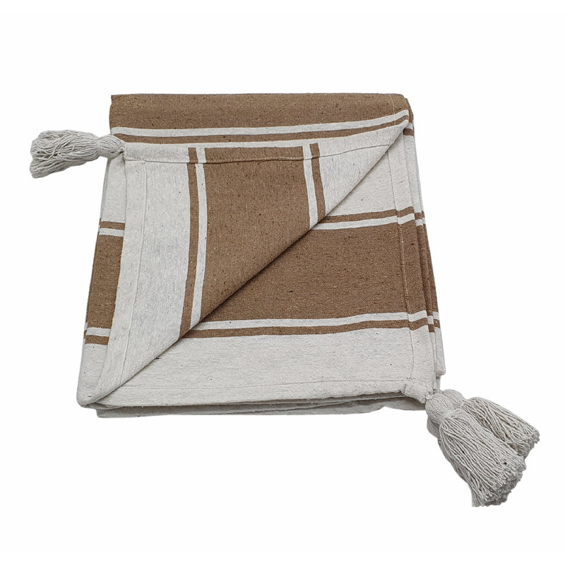 Brown and White Striped Cotton Blend Throw Blanket, 50" x 60"